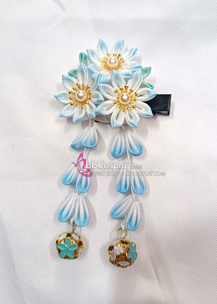 Kanzashi Nhật Bản 3 Hoa Xanh Dương -  Loại 2 Dây Hoa