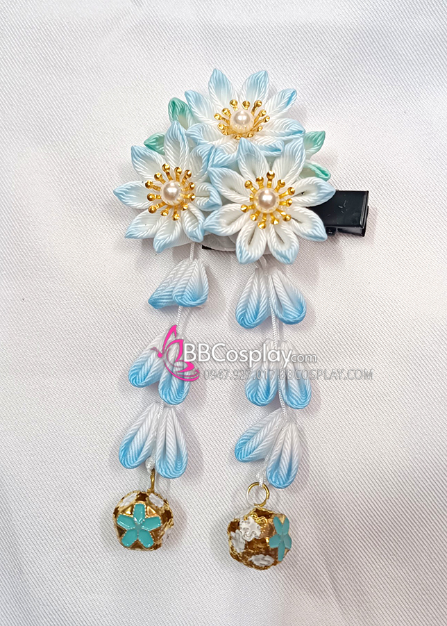 Kanzashi Nhật Bản 3 Hoa Xanh Dương -  Loại 2 Dây Hoa