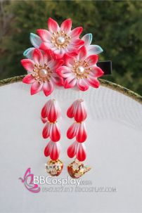 Kanzashi Nhật Bản 3 Hoa Màu Đỏ - Loại 2 Dây Hoa