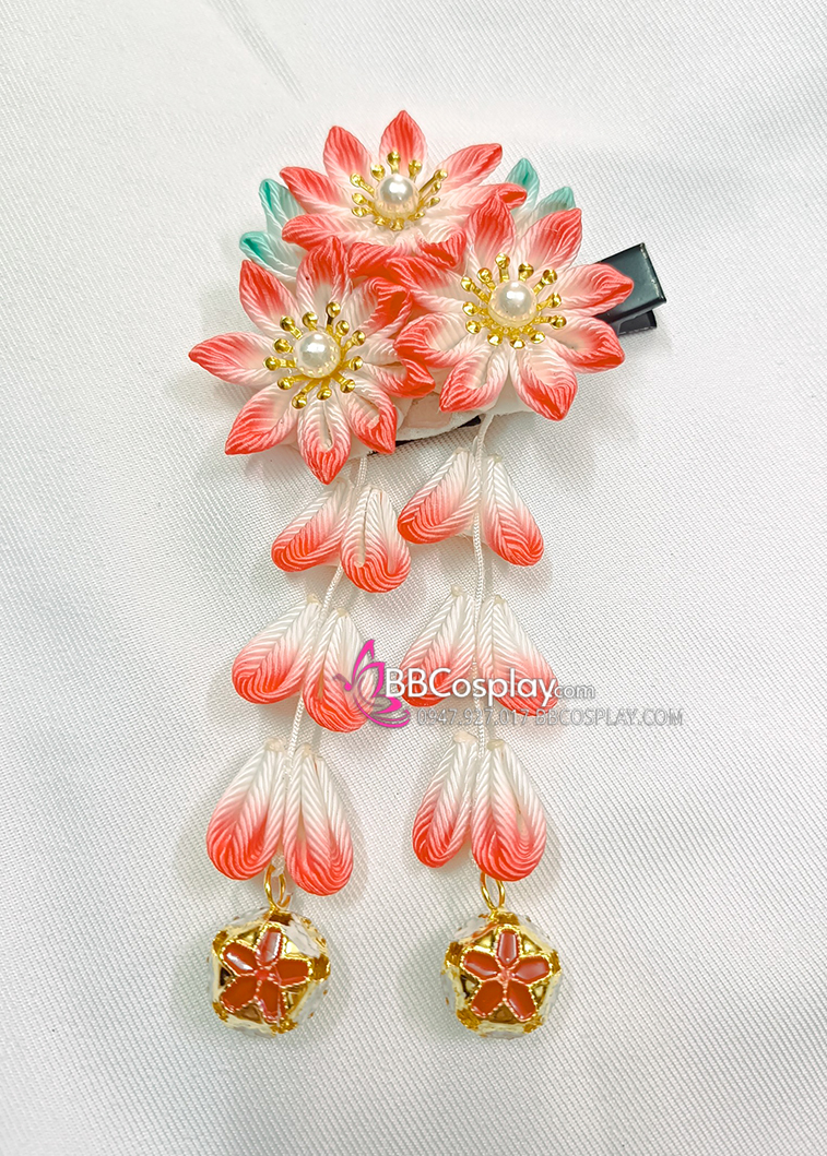 Kanzashi Nhật Bản 3 Hoa Màu Đỏ - Loại 2 Dây Hoa