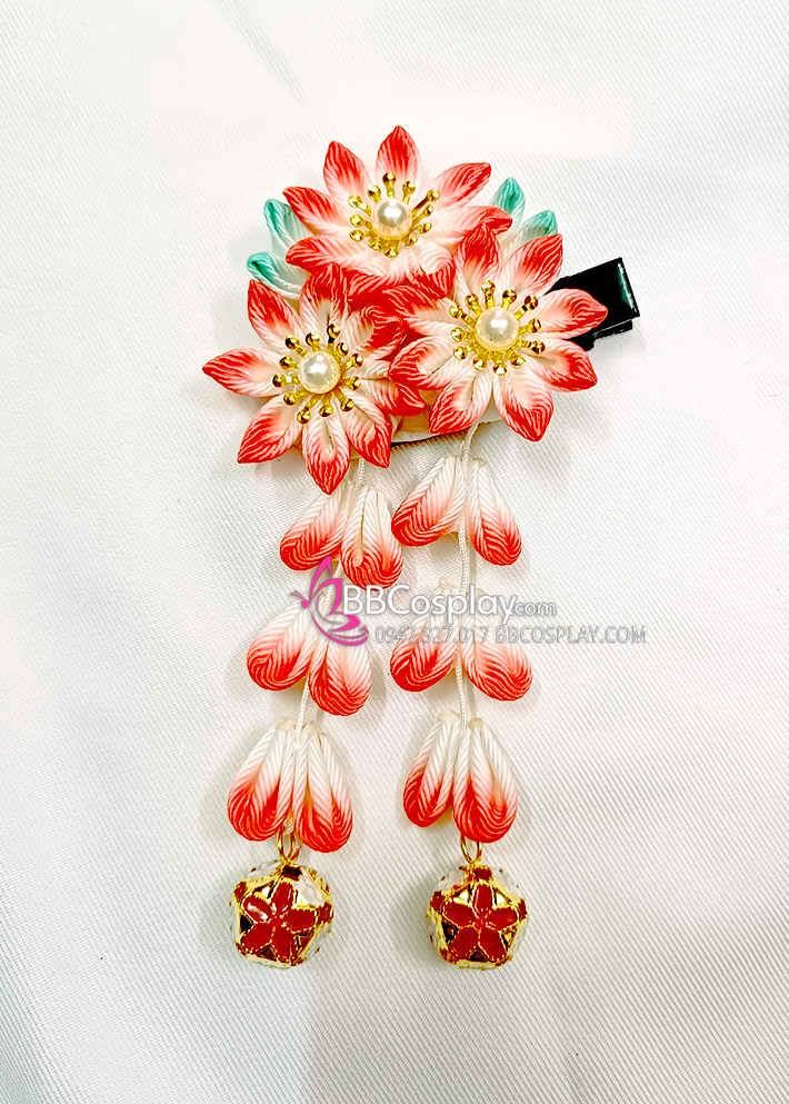 Kanzashi Nhật Bản 3 Hoa Màu Đỏ - Loại 2 Dây Hoa