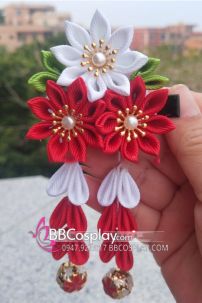 Kanzashi Nhật Bản 3 Hoa Đỏ Trắng - Loại 2 Dây Hoa