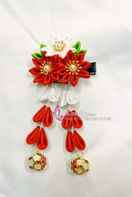 Kanzashi Nhật Bản 3 Hoa Đỏ Trắng - Loại 2 Dây Hoa