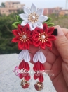 Kanzashi Nhật Bản 3 Hoa Đỏ Trắng - Loại 2 Dây Hoa