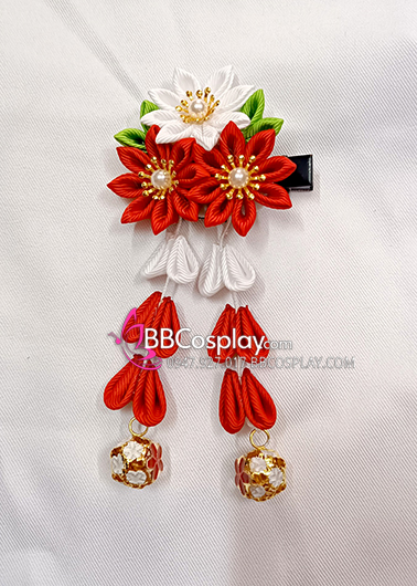 Kanzashi Nhật Bản 3 Hoa Đỏ Trắng - Loại 2 Dây Hoa