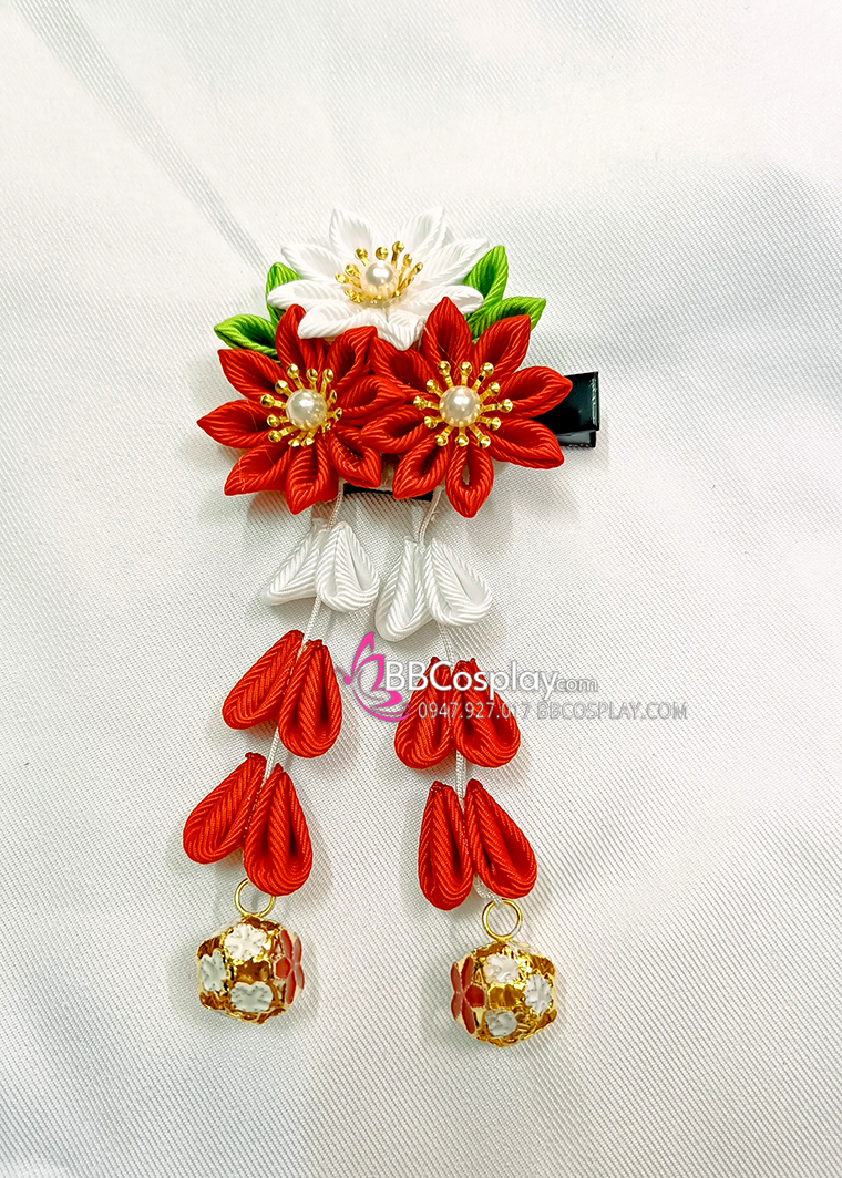 Kanzashi Nhật Bản 3 Hoa Đỏ Trắng - Loại 2 Dây Hoa