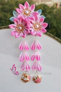Kanzashi Nhật Bản 3 Hoa Hồng Chuyển Màu - Loại 2 Dây Hoa