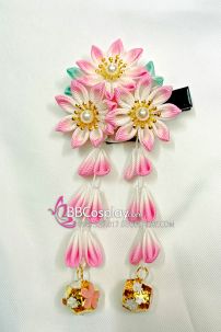Kanzashi Nhật Bản 3 Hoa Hồng Chuyển Màu - Loại 2 Dây Hoa