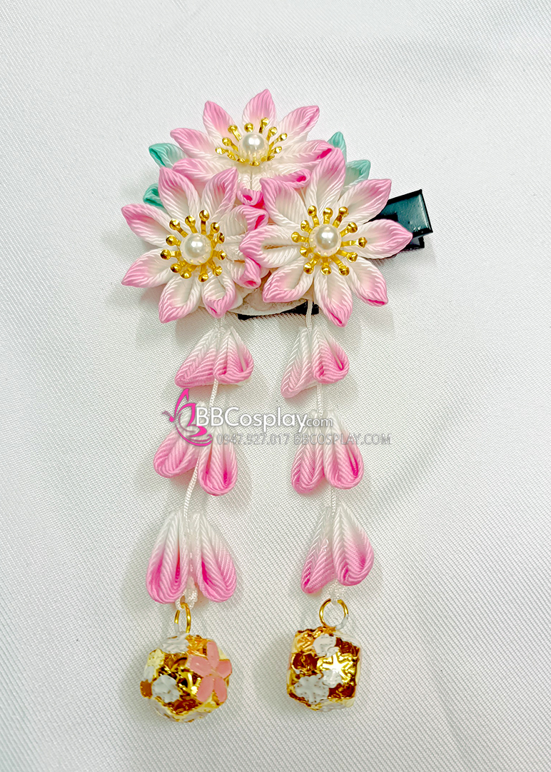 Kanzashi Nhật Bản 3 Hoa Hồng Chuyển Màu - Loại 2 Dây Hoa