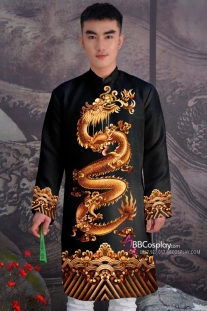 Áo Dài Nam Cách Tân Đen In Hình Rồng Vàng