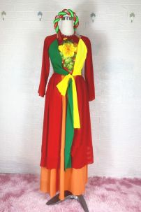 Bộ Đầm Tứ Thân Múa Đỏ Cam Vàng Hoa Mai Thêu Trước Yếm