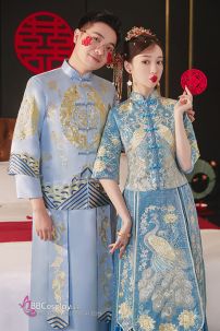 Hỉ Phục Tân Nương Tone Xanh Dương Cặp Long Phục Mới 2024