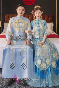 Hỉ Phục Tân Nương Tone Xanh Dương Cặp Long Phục Mới 2024