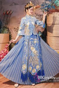 Hỉ Phục Tân Nương Tone Xanh Dương Cặp Long Phục Mới 2024