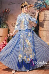 Hỉ Phục Tân Nương Tone Xanh Dương Cặp Long Phục Mới 2024