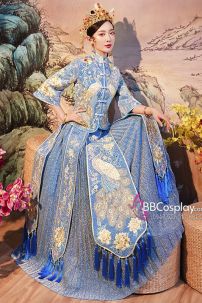 Hỉ Phục Tân Nương Tone Xanh Dương Cặp Long Phục Mới 2024