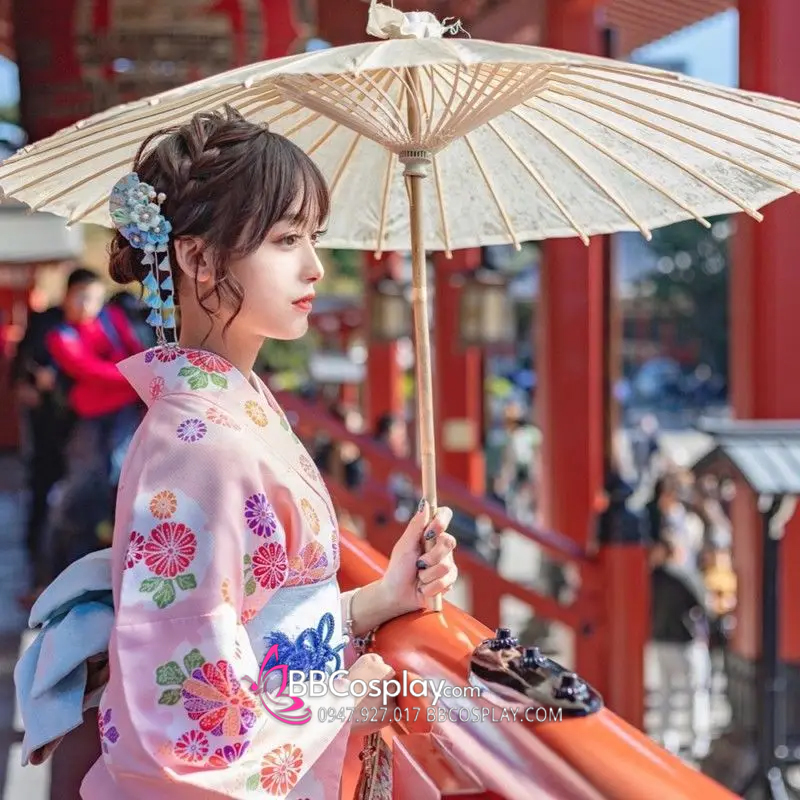 Đai Lưng Kimono Nhật Nơ Xanh Dương Nhạt Hoạ Tiết Hoa Anh Đào Chìm