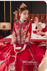 Đồ Cưới Phong Cách Trung Hoa Mẫu Đỏ Xanh Đính Cườm Long Phụng 2024