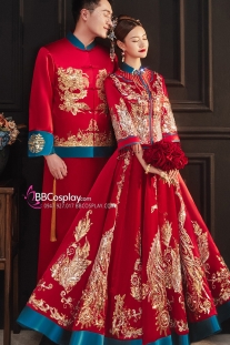 Trang Phục Cưới Phong Cách Trung Hoa Mẫu Đỏ Xanh Đính Cườm Long Phụng 2024