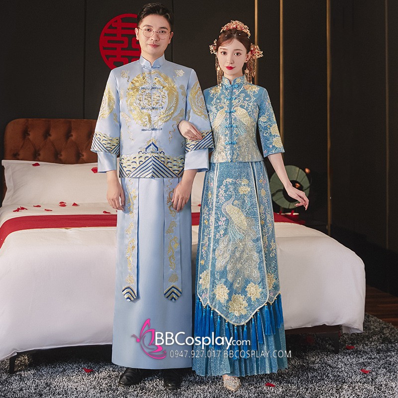 Hỉ Phục Tân Nương Tone Xanh Dương Cặp Long Phục Mới 2024