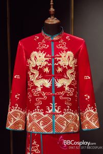 Đồ Tân Lang - Mẫu Đỏ Thêu Rồng Vàng Và Sóng Biển Viền Xanh Dương