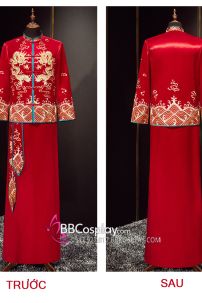 Đồ Tân Lang - Mẫu Đỏ Thêu Rồng Vàng Và Sóng Biển Viền Xanh Dương