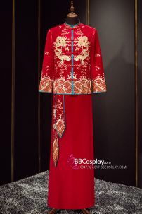 Đồ Tân Lang - Mẫu Đỏ Thêu Rồng Vàng Và Sóng Biển Viền Xanh Dương