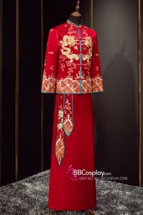 Đồ Tân Lang - Mẫu Đỏ Thêu Rồng Vàng Và Sóng Biển Viền Xanh Dương