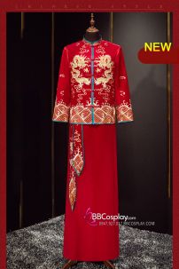 Đồ Tân Lang - Mẫu Đỏ Thêu Rồng Vàng Và Sóng Biển Viền Xanh Dương