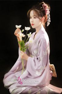 Yukata Tím Nhạt Hoa Bướm Trắng Tặng Kèm Thắt Lưng