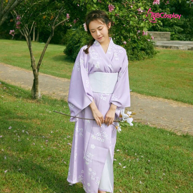 Yukata Tím Nhạt Hoa Bướm Trắng Tặng Kèm Thắt Lưng