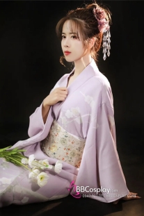 Yukata Tím Nhạt Hoa Bướm Trắng Tặng Kèm Thắt Lưng