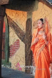 Đồ Sari Ấn Độ Cam Viền Nhũ Vàng