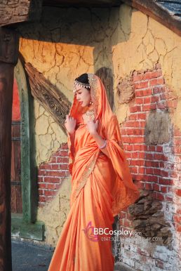 Trang Phục Sari Ấn Độ Cam Viền Nhũ Vàng