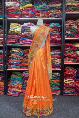 Trang Phục Sari Ấn Độ Cam Viền Nhũ Vàng Hoa Hồng