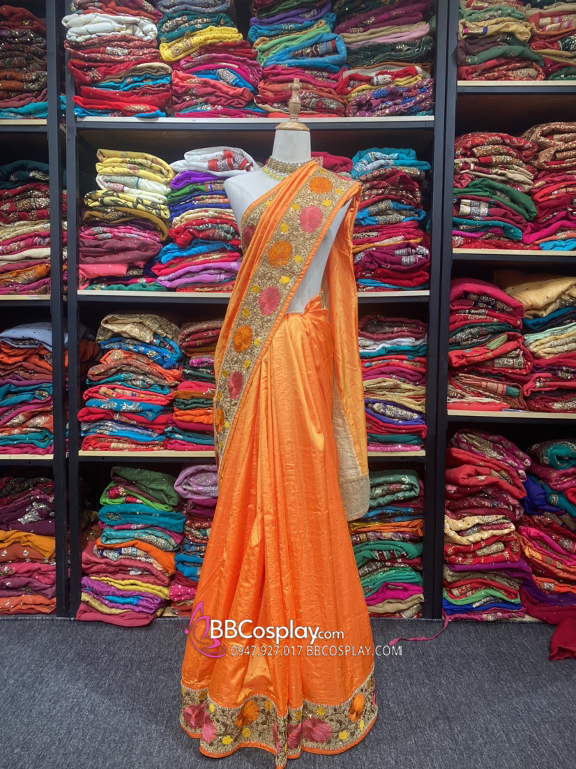 Trang Phục Sari Ấn Độ Cam Viền Nhũ Vàng Hoa Hồng