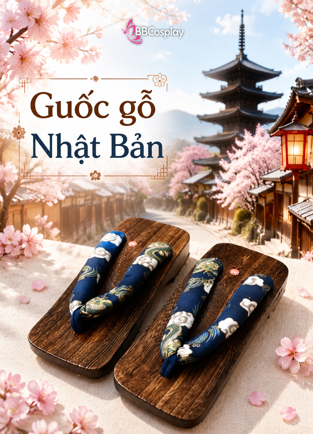 Guốc Gỗ Geta Bản Gỗ Quai Xanh Vân Mây Cho Nam