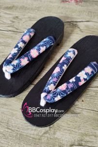 Guốc Gỗ Geta Bản Gỗ Đen Đế Thấp Quai Hoa Xanh