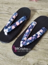 Guốc Gỗ Geta Bản Gỗ Đen Đế Thấp Quai Hoa Xanh
