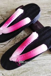 Guốc Gỗ Geta Bản Gỗ Nâu Đế Thấp Quai Hồng Loan Màu