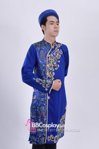 Áo Dài Nam Xanh Dương Hoạ Tiết Vẽ Tay Vân Mây