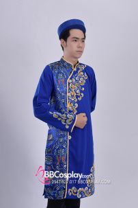 Áo Dài Nam Xanh Dương Hoạ Tiết Vẽ Tay Vân Mây