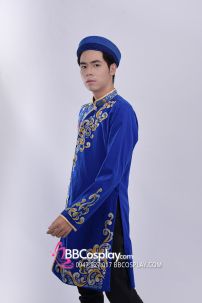 Áo Dài Nam Xanh Dương Hoạ Tiết Vẽ Tay Vân Mây