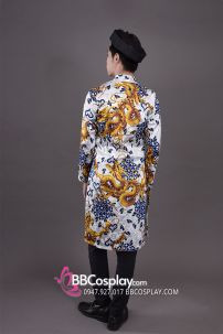Áo Dài Nam Trắng Gấm Rồng Xanh