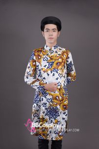 Áo Dài Nam Trắng Gấm Rồng Xanh