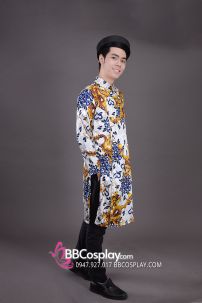 Áo Dài Nam Trắng Gấm Rồng Xanh