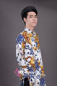 Áo Dài Nam Trắng Gấm Rồng Xanh