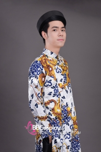 Áo Dài Nam Trắng Gấm Rồng Xanh