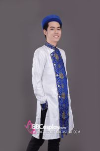 Áo Dài Nam Trắng Viền Xanh Gấm