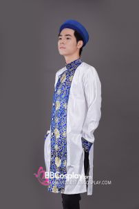 Áo Dài Nam Trắng Viền Xanh Gấm